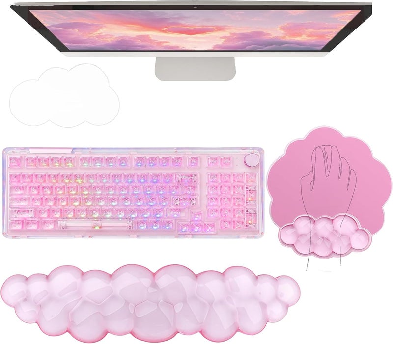 WFCYGL Gel Cloud Wrist Rest Keyboard Clear Pink Mouse Pad with Wrist Rest Set 3PCS Ergonomic Cool Keyboard Wrist Pad Cute Acrylic Coaster Non-Slip Base Cute Transparent Mouse Wrist Pad Support for Computer - Image 1